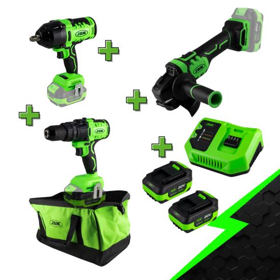 PROMO POWER TOOLS: IMPACT DRILL + IMPACT WRENCH + ANGLE GRINDER + 2 BATTERIES + CHARGER + TOOL BAG