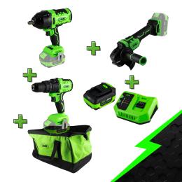 PROMO POWER TOOLS: IMPACT DRILL + IMPACT WRENCH + ANGLE GRINDER + BATTERY + CHARGER + TOOL BAG